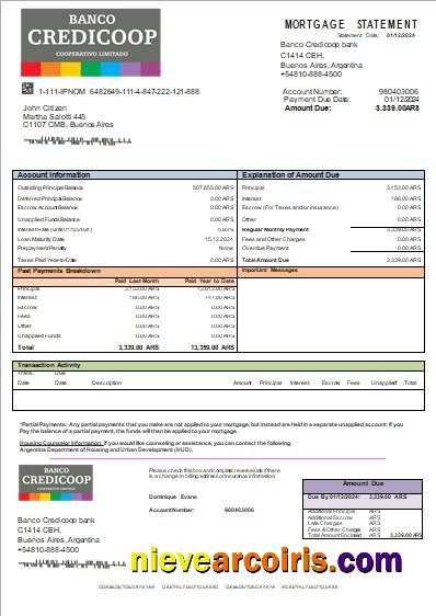 Argentina Banco Credicoop bank mortgage statement